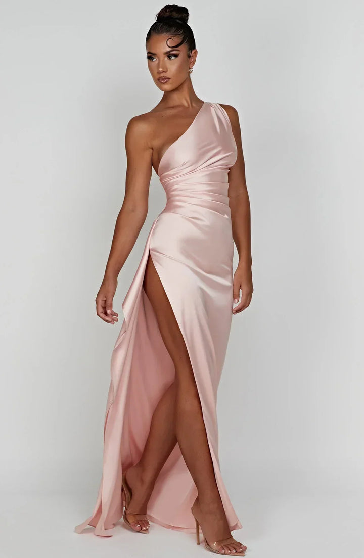 Fallon | Women's One Shoulder Ruched Maxi Dress - Red - Image 9