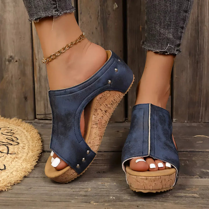 Felicity | Women's Studded Cork Wedge Sandals - Black - Image 3