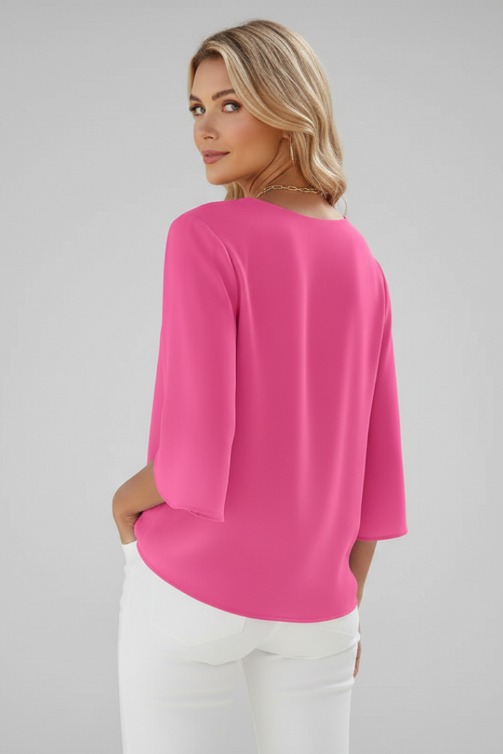 Felicity | Women's V Neck 3/4 Sleeve Blouse - Pink - Image 3