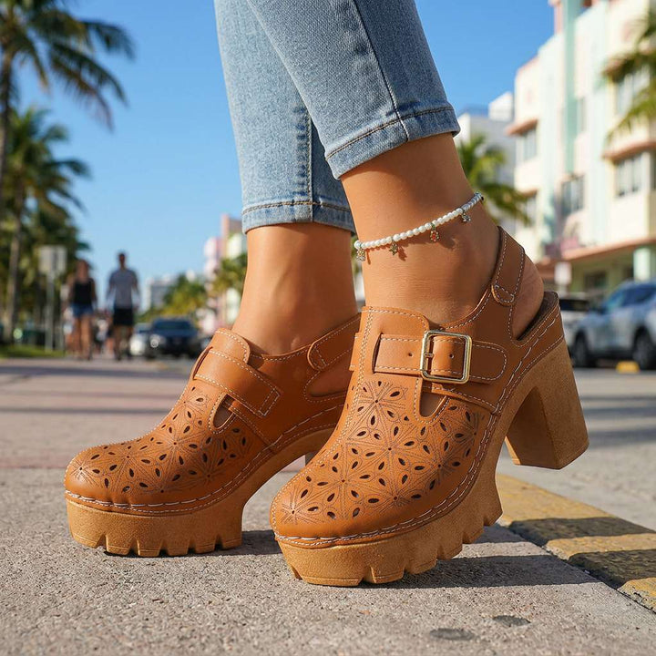 Florian | Women's Platform Cutout Block Heel Clogs - Camel - Image 1