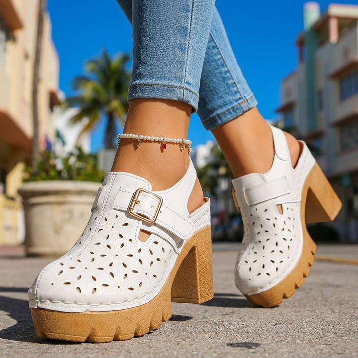 Florian | Women's Platform Cutout Block Heel Clogs - Camel - Image 4