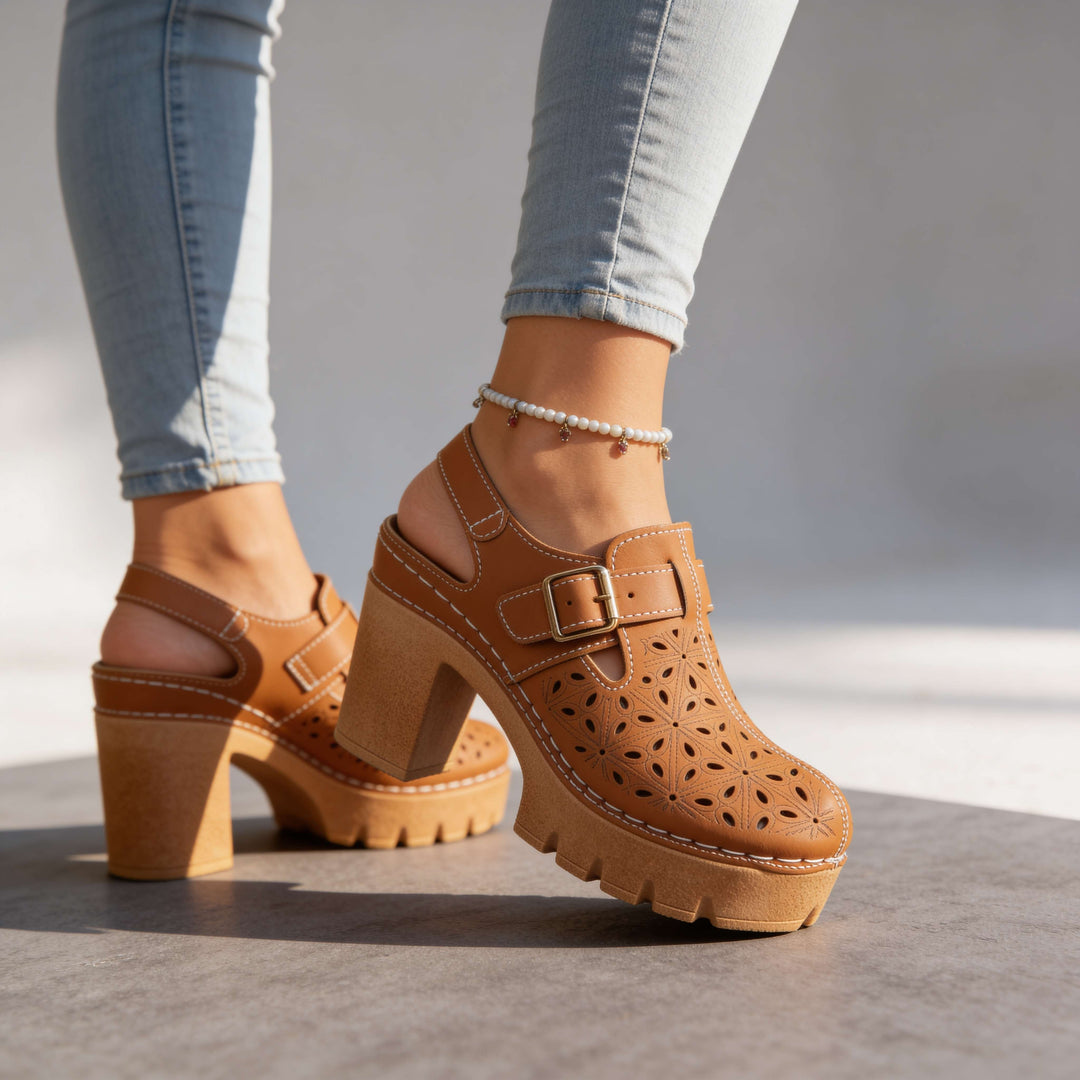Florian | Women's Platform Cutout Block Heel Clogs - Camel - Image 6