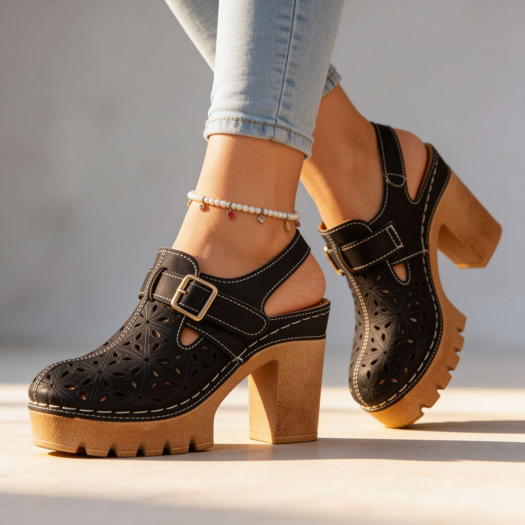 Florian | Women's Platform Cutout Block Heel Clogs - Camel - Image 7