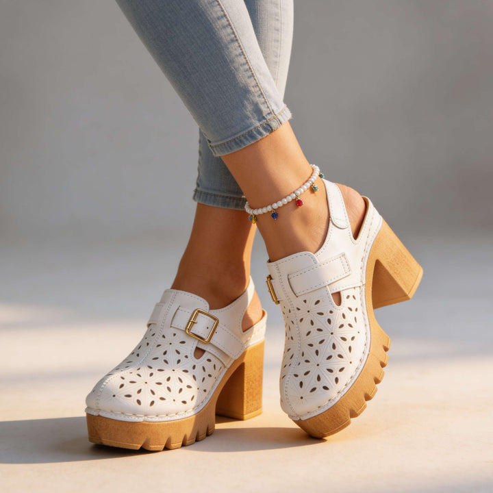 Florian | Women's Platform Cutout Block Heel Clogs - Camel - Image 9