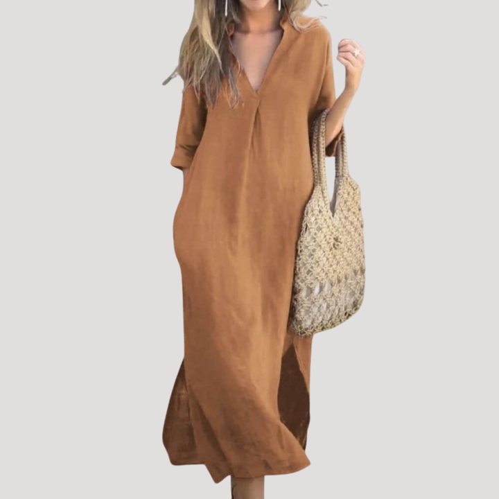 Francesca | Women's V-Neck 3/4 Sleeve Midi Dress - Red - Image 5