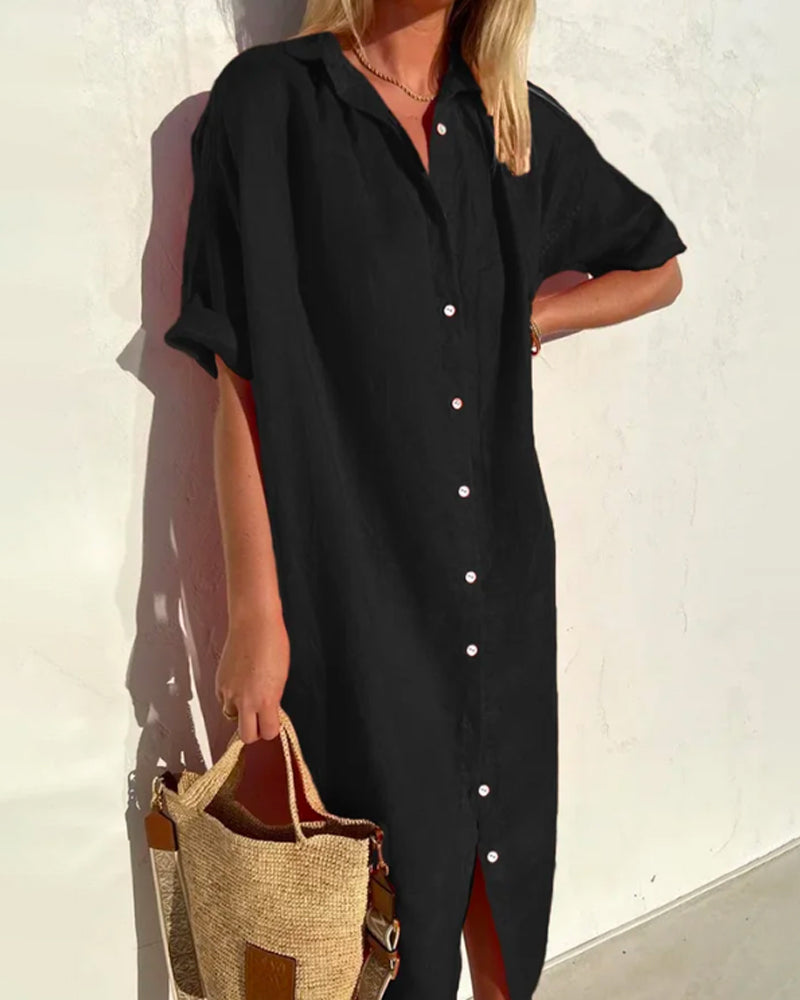 Greer | Women's Short Sleeve Button Front Midi Shirt Dress - Red - Image 2