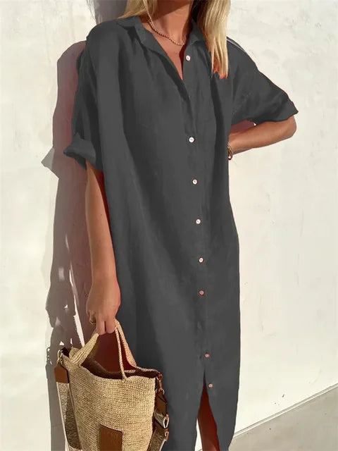 Greer | Women's Short Sleeve Button Front Midi Shirt Dress - Red - Image 5