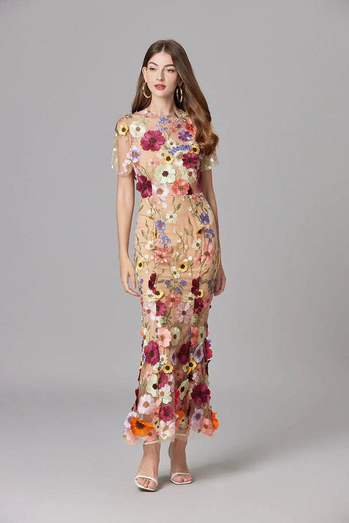 Aurelia | Women's 3D Floral Appliqué Sheer Mesh Sleeveless Maxi Dress