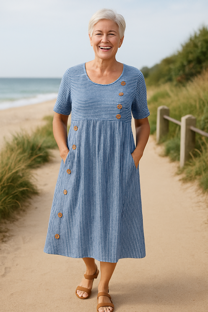 Iris | Women's Striped Short Sleeve Midi Dress with Buttons - Striped - Image 1