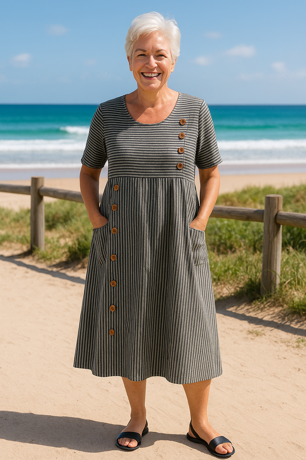Iris | Women's Striped Short Sleeve Midi Dress with Buttons - Striped - Image 2