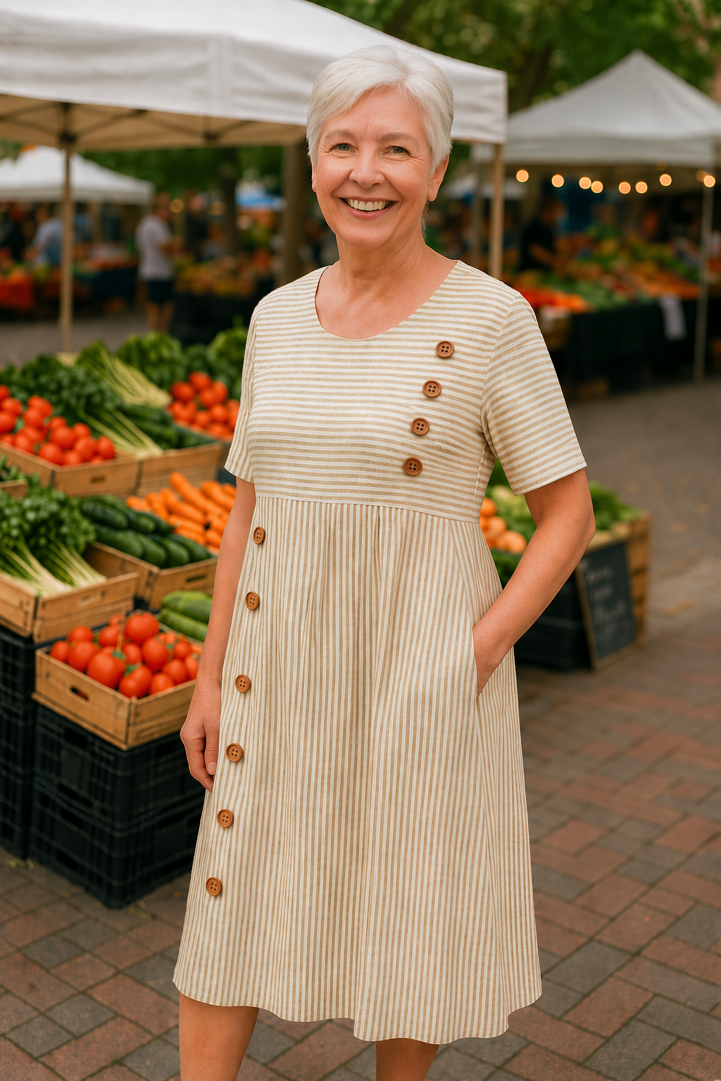 Iris | Women's Striped Short Sleeve Midi Dress with Buttons - Striped - Image 3