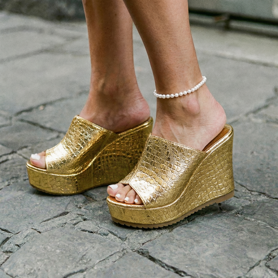 Isadora | Women's Gold Platform Wedge Sandals - Gold - Image 1