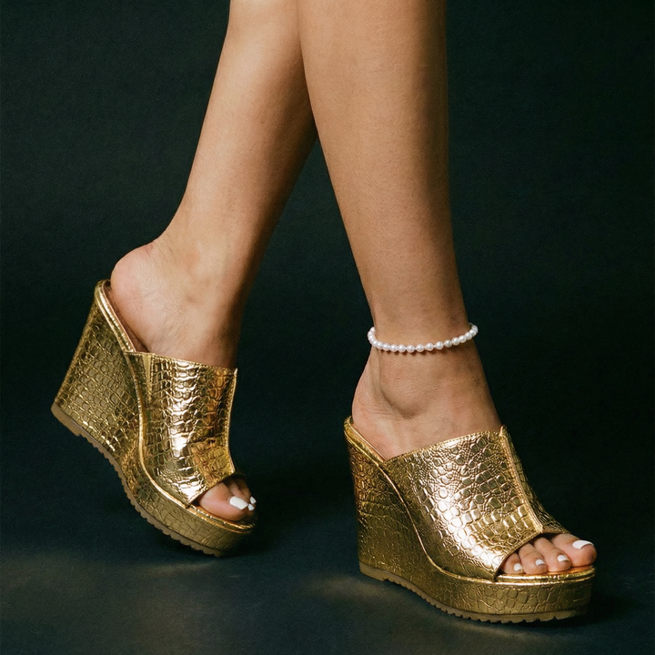 Isadora | Women's Gold Platform Wedge Sandals - Gold - Image 6
