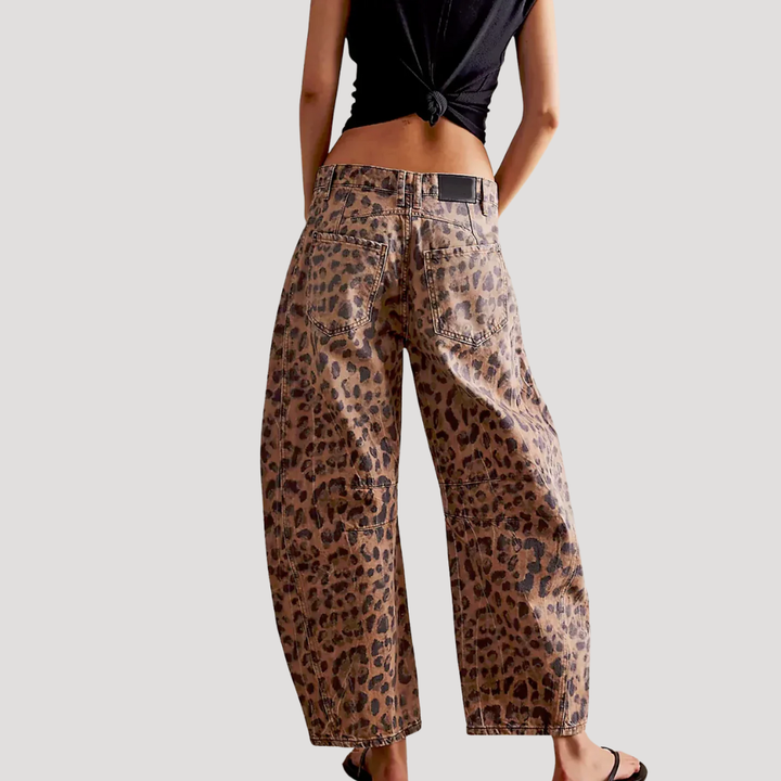Isadora | Women's Leopard Print Barrel Leg Wide Jeans - Brown - Image 2