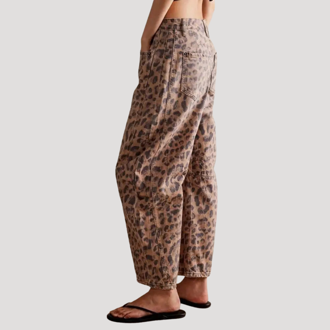 Isadora | Women's Leopard Print Barrel Leg Wide Jeans - Brown - Image 3