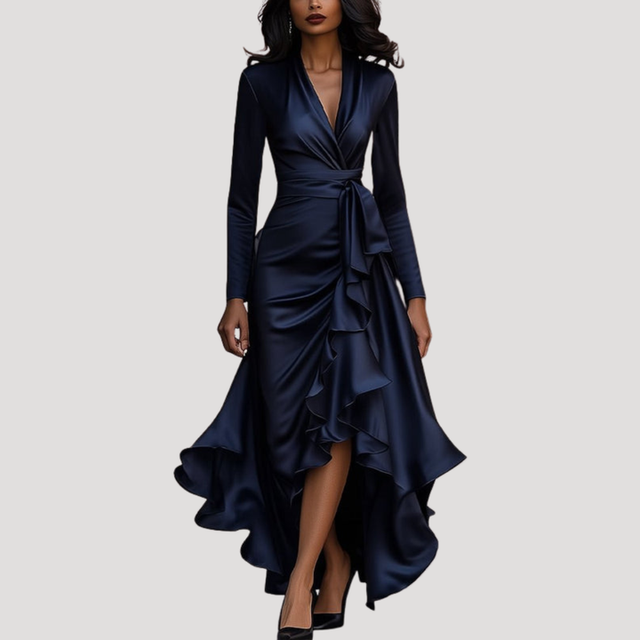 Juliana | Women's Long Sleeve Wrap Evening Dress - Navy - Image 1