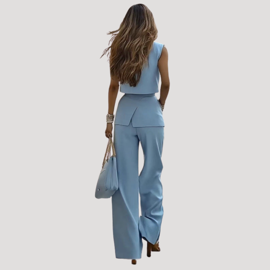 Juniper | Women's Sleeveless Blazer Vest Wide Leg Pants Set - Light Blue - Image 4