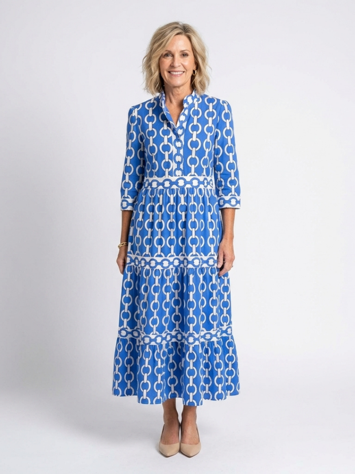 Keziah | Women's Chain Print 3/4 Sleeve Midi Dress - Blue - Image 1