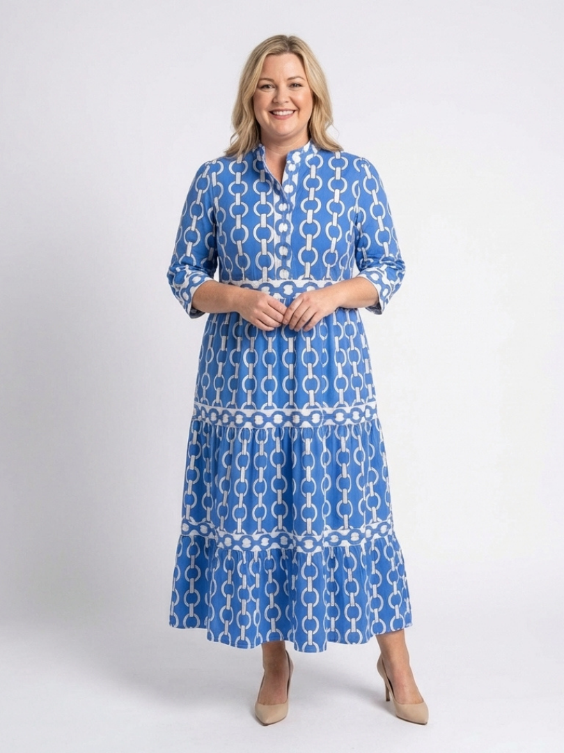 Keziah | Women's Chain Print 3/4 Sleeve Midi Dress - Blue - Image 4