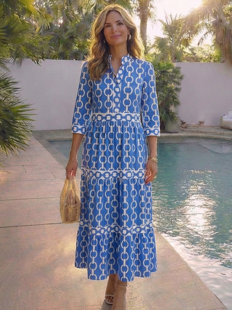 Keziah | Women's Chain Print 3/4 Sleeve Midi Dress - Blue - Image 6