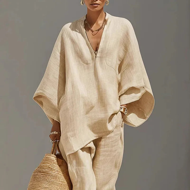 Lavinia | Women's Batwing Wide Leg Matching Set - Beige - Image 1