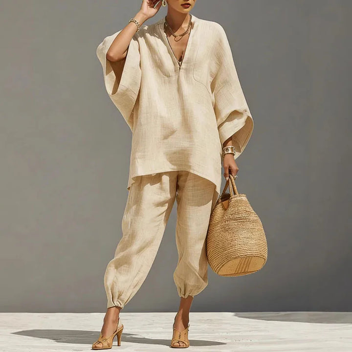 Lavinia | Women's Batwing Wide Leg Matching Set - Beige - Image 3