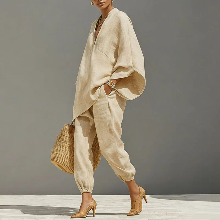 Lavinia | Women's Batwing Wide Leg Matching Set - Beige - Image 4
