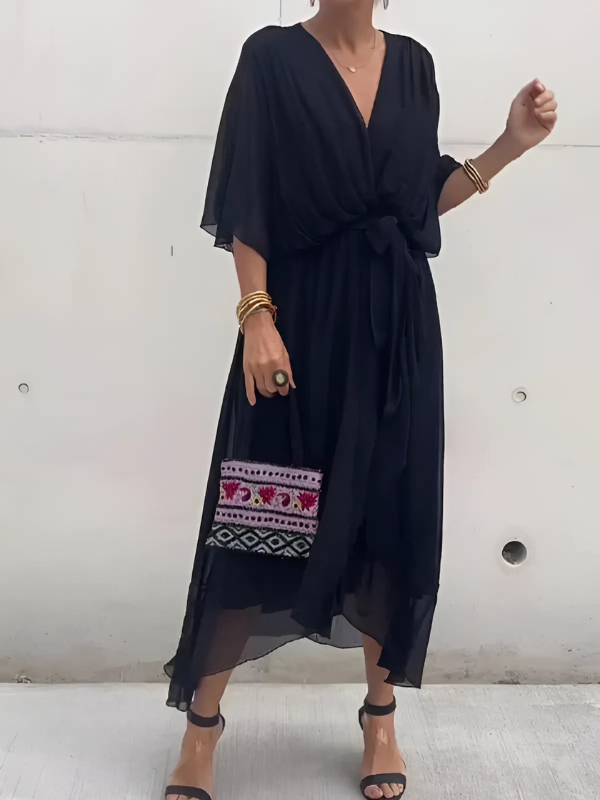Lavinia | Women's V-Neck Flutter Sleeve Tie Waist Midi Dress - Black - Image 1