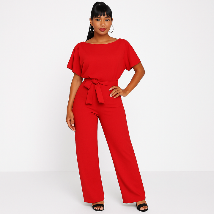 Lena | Women's Batwing Short Sleeve Belted Jumpsuit - Taupe - Image 11