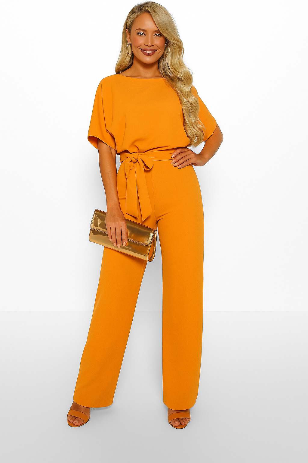 Lena | Women's Batwing Short Sleeve Belted Jumpsuit - Taupe - Image 13