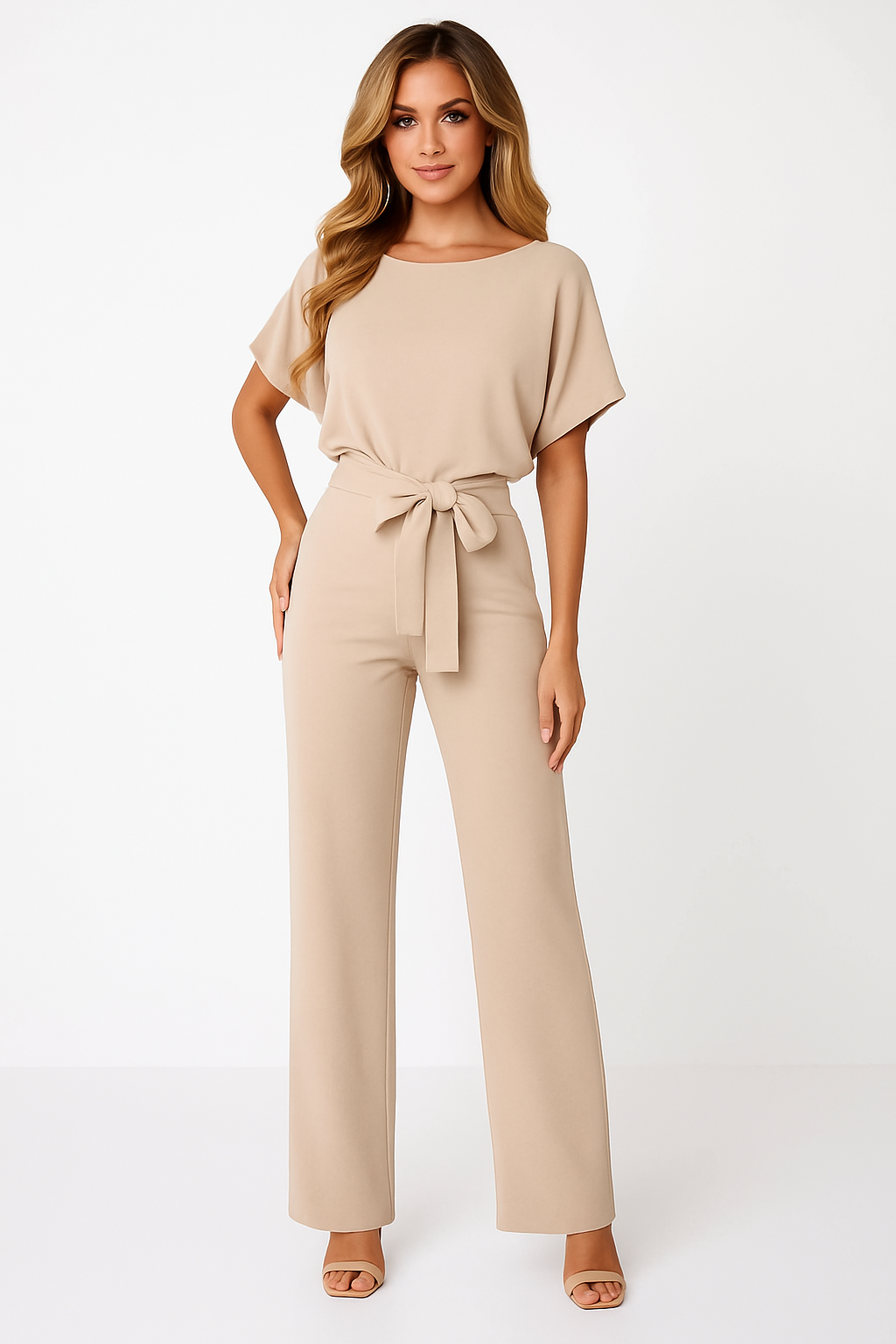 Lena | Women's Batwing Short Sleeve Belted Jumpsuit - Taupe - Image 2
