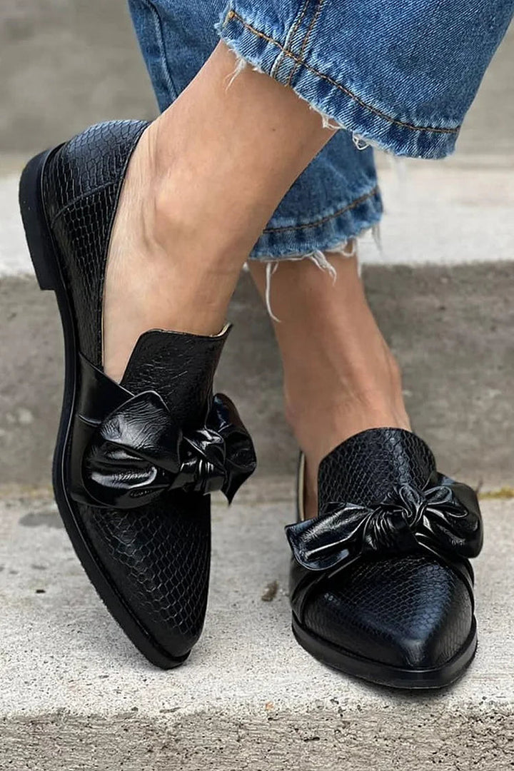 Leonie | Women's Black Bow Slip-On Loafers - Black - Image 3