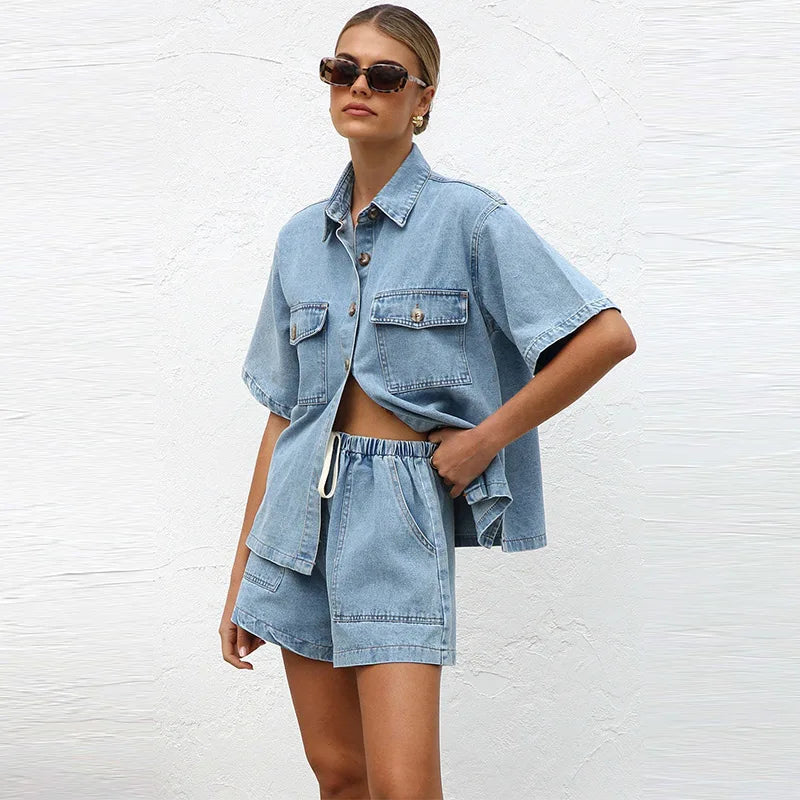 Leonie | Women's Denim Two Piece Short Sleeve Button Down Set - Light Blue - Image 13