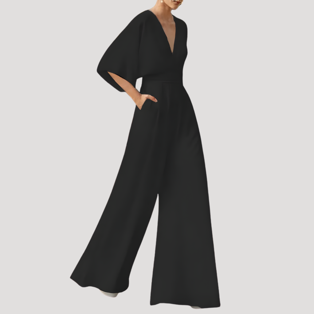 Leonie | Women's V Neck Wide Leg Jumpsuit - Dark Green - Image 2