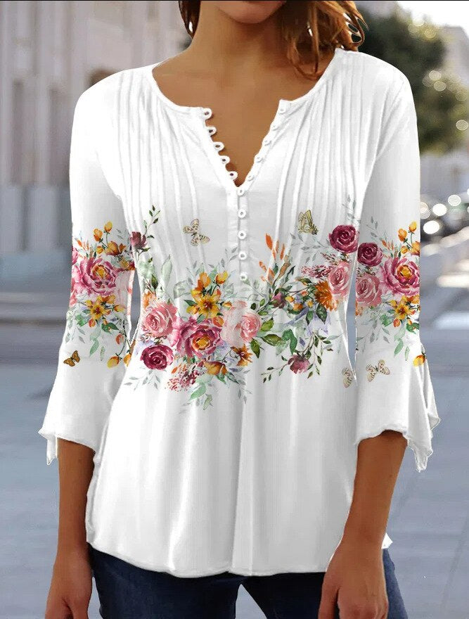Linnea | Women's Floral Long Sleeve Henley Blouse - Floral - Image 3