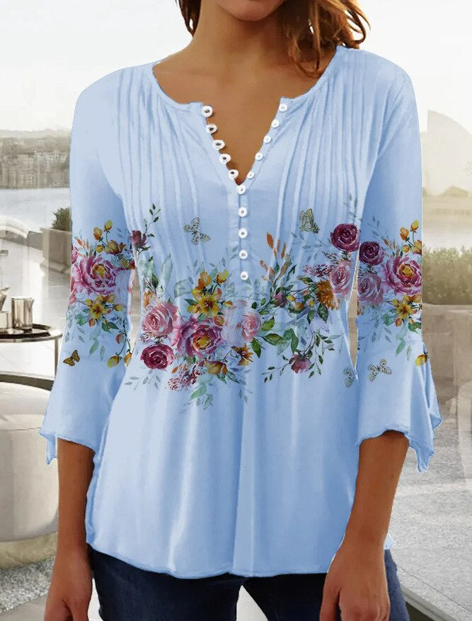 Linnea | Women's Floral Long Sleeve Henley Blouse - Floral - Image 6