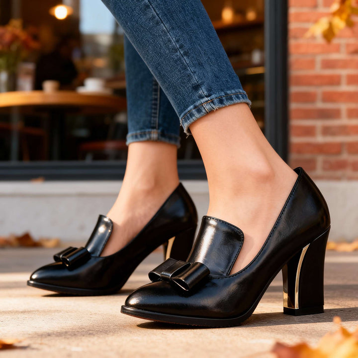 Lucette | Women's Bow Detail Block Heel Loafer Pumps - Black - Image 4