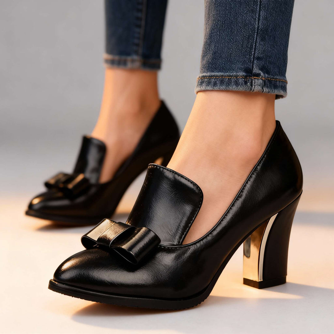 Lucette | Women's Bow Detail Block Heel Loafer Pumps - Black - Image 7