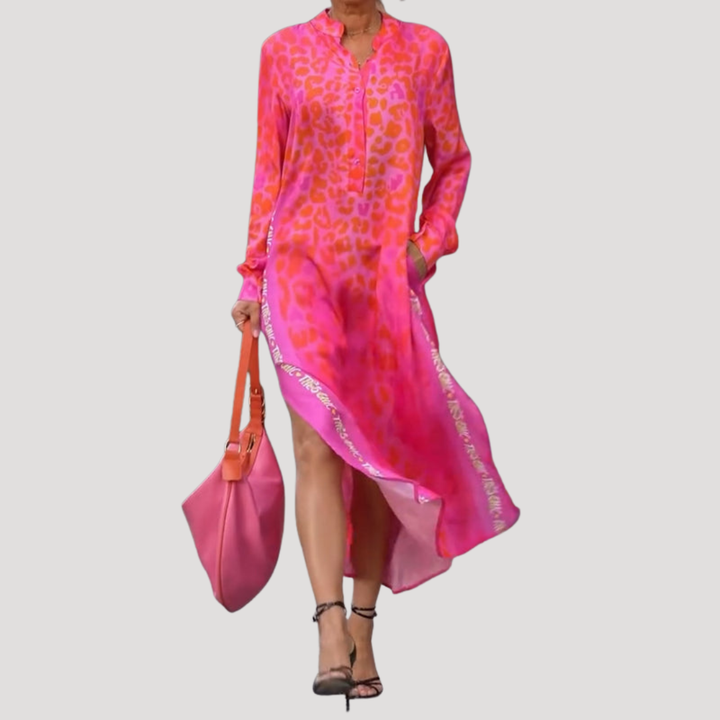 Lucienne | Women's Leopard Print Long Sleeve Midi Dress - Pink - Image 1