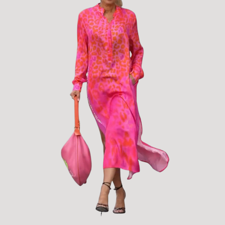 Lucienne | Women's Leopard Print Long Sleeve Midi Dress - Pink - Image 2