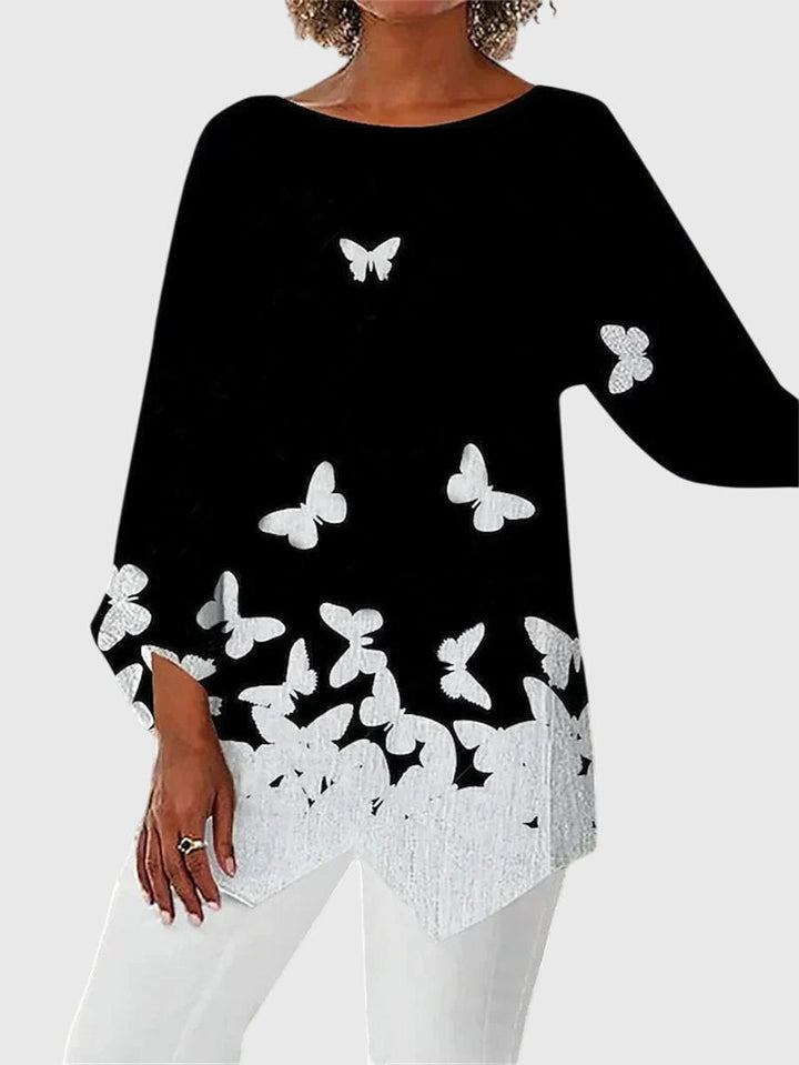 Lyanna | Women's Butterfly Print Asymmetric Hem Top - Black - Image 5