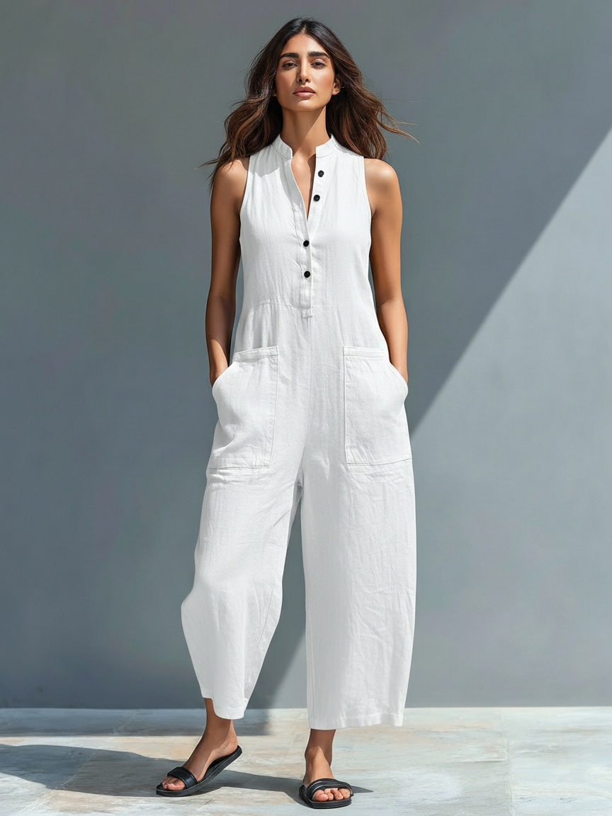 Lysandra | Women's Sleeveless Button Front Wide Leg Jumpsuit - Black - Image 3