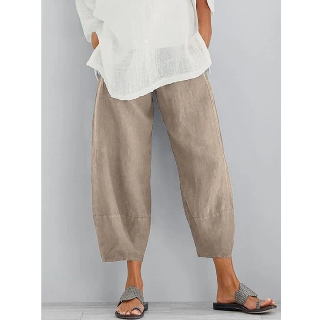 Maevis | Women's Elastic Waist Cropped Harem Pants - Khaki - Image 1