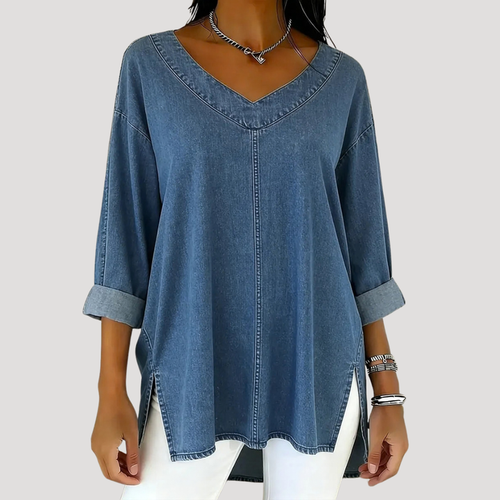 Magnolia | Women's V-Neck Relaxed Tunic Top - Blue - Image 1