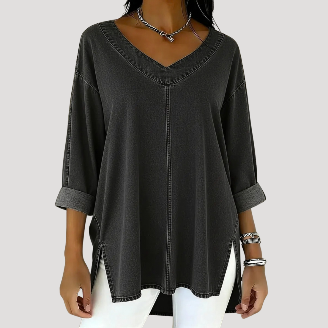Magnolia | Women's V-Neck Relaxed Tunic Top - Blue - Image 2