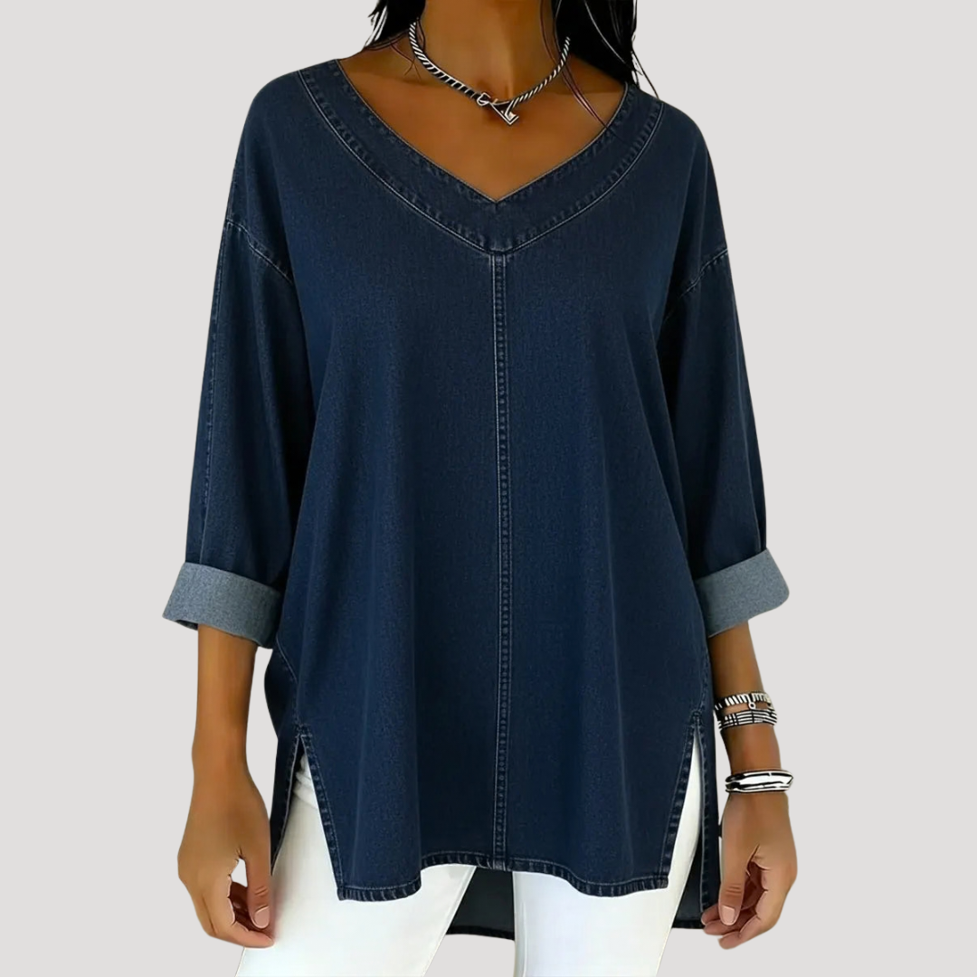 Magnolia | Women's V-Neck Relaxed Tunic Top - Blue - Image 3