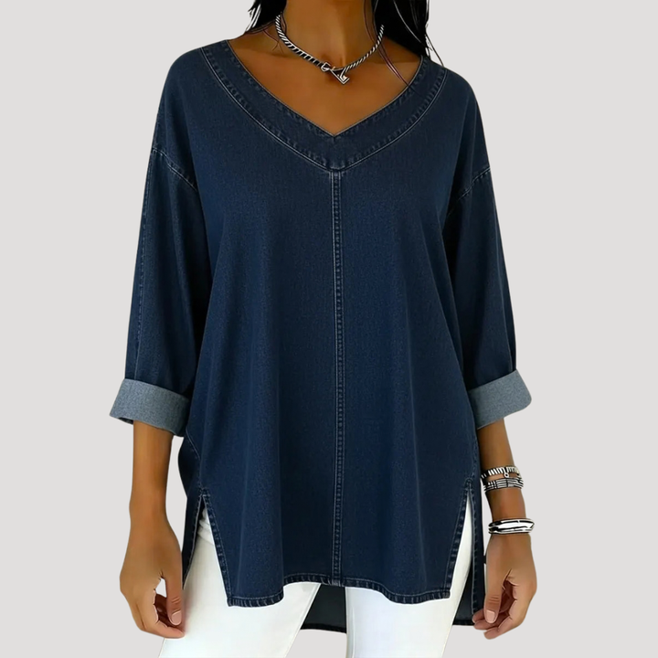 Magnolia | Women's V-Neck Relaxed Tunic Top - Blue - Image 3