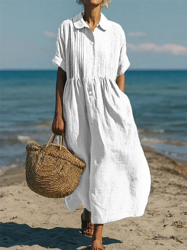 Meredith | Women's Collared Button Front Midi Dress - White - Image 1