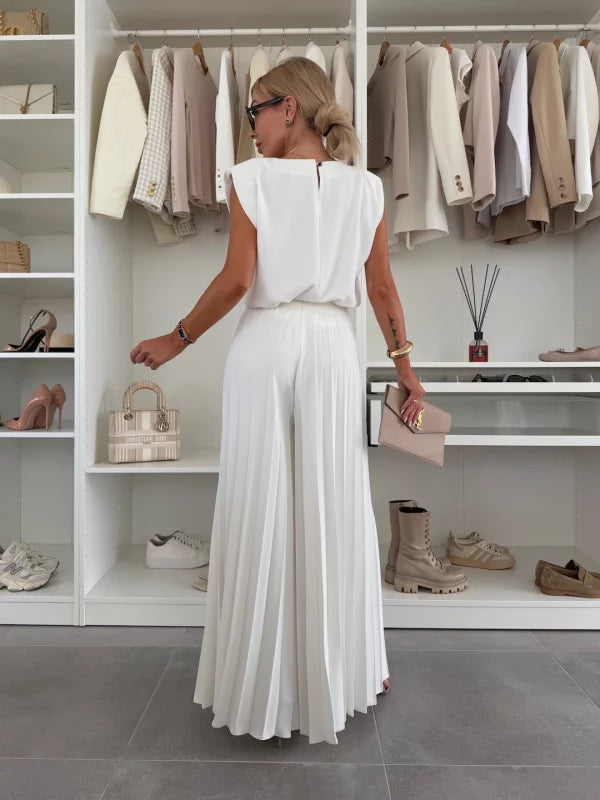Mirabelle | Women's Sleeveless Top Wide Leg Pants Set - White - Image 3
