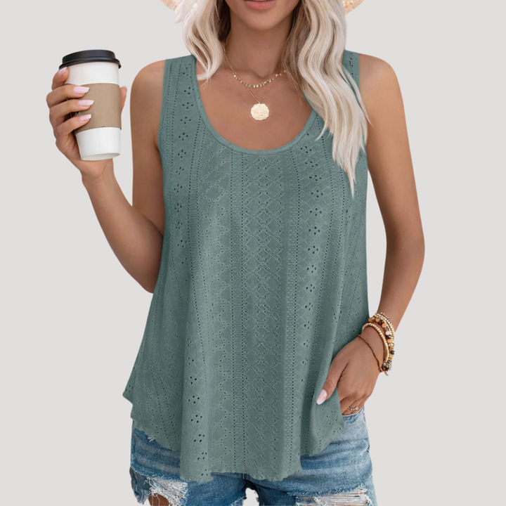 Miriam | Women's Eyelet Sleeveless Tank Top - White - Image 3